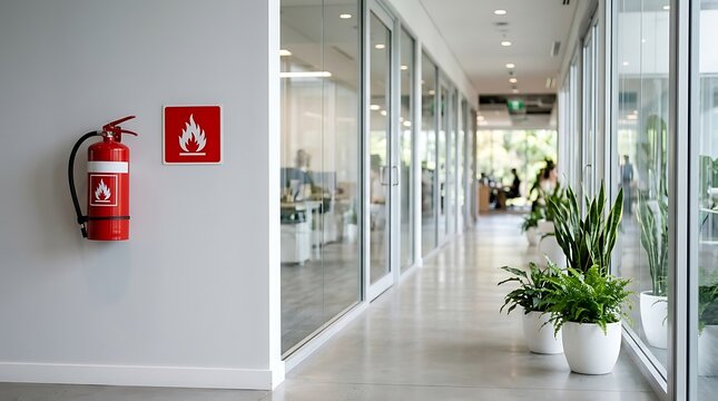 Red fire extinguisher mounted on a modern office corridor wall