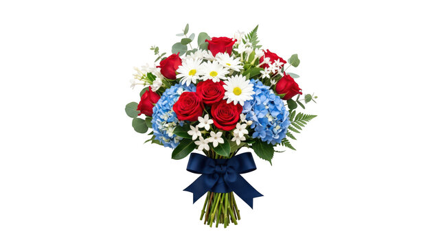 Beautiful bouquet of red roses, blue hydrangeas, and white daisies isolated on transparent background