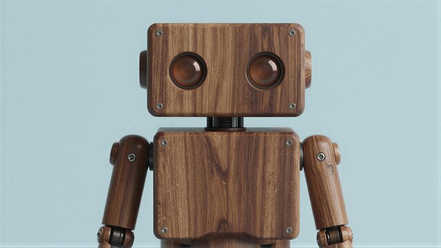Wooden robot with warm eyes, minimalist design against soft blue background.