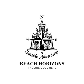 Hand-drawn style emblem featuring a coastal fortress and compass rose. Perfect for travel, adventure, and seaside tourism.
