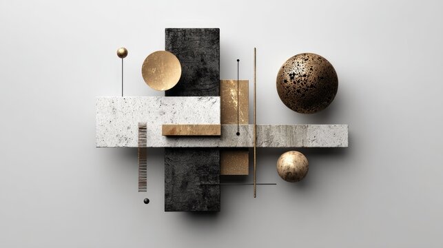 Complex arrangement of textured geometric solids and spheres creates abstract composition