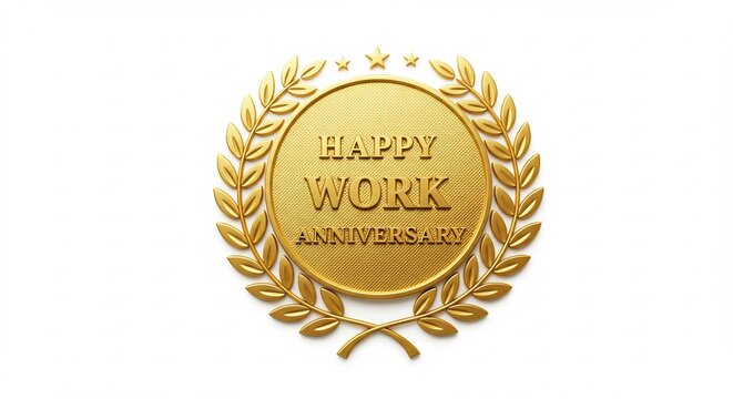 Golden embossed medal celebrating a happy work anniversary gleaming brightly on a clean white background.. AI Generated