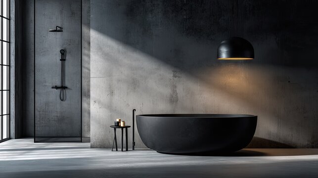Contemporary minimalist bathroom design features raw concrete textures and dark fixtures