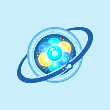 A stylized illustration of a glowing atomic structure in space