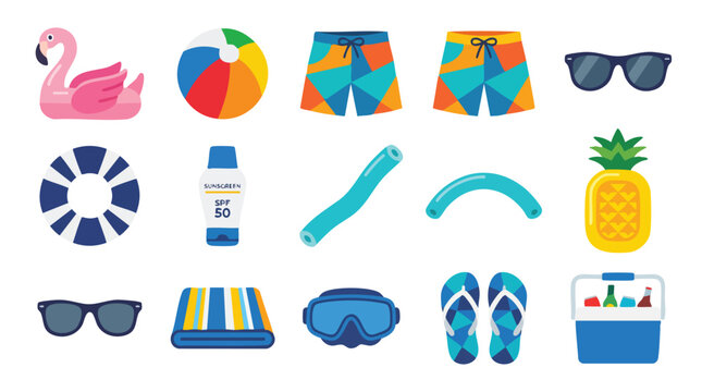 Flat vector icons of summer beach and pool vacation essentials