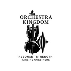 Obraz premium Conceptual music emblem merging a string instrument with castle architecture to signify melodic power.
