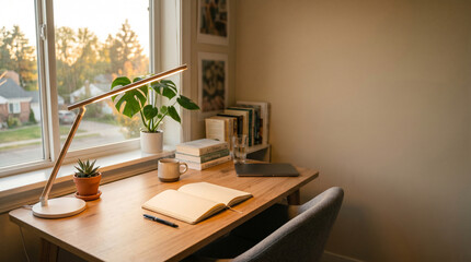 Fototapeta premium Desk with open notebook, lamp, and plants by the window