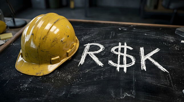 Scratched yellow hard hat on blackboard with rk