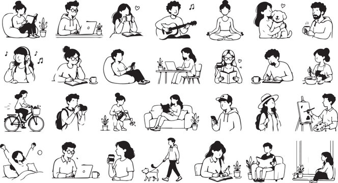 Set of hand drawn people doing daily activities and hobbies in sketch style