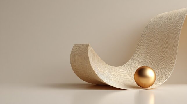 Smooth golden sphere rests upon a gently curving textured surface in a minimalist setting