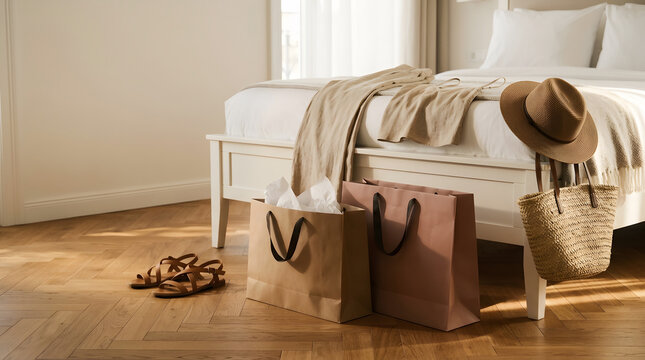 Three elegant matte shopping bags in natural kraft and dusty rose tones standing on a warm oak parquet hotel room floor beside a white bed frame