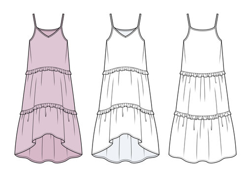 Tiered High-Low Maxi Dress Technical Fashion Illustration. Sleeveless V-Neck Dress with Ruffle Trim Vector Template. Front and Back View. Women&rsquo;s Summer Apparel. CAD Mockup Set.
