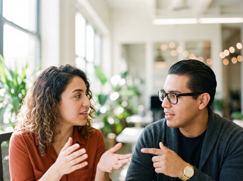 Generative AI, Two young professionals having engaged discussion in bright plant-filled office