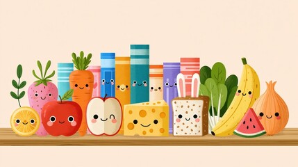 Kawaii food and vegetable characters lined up on a shelf: A charming arrangement of anthropomorphic fruits, vegetables. © chaisiri