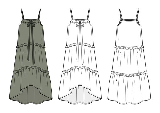 Ribbon Tie Tiered Maxi Dress Technical Fashion Illustration. Sleeveless Gathered Neck Dress with High-Low Hem Vector Template. Front and Back View. Women&rsquo;s Summer Apparel. CAD Mockup Set.