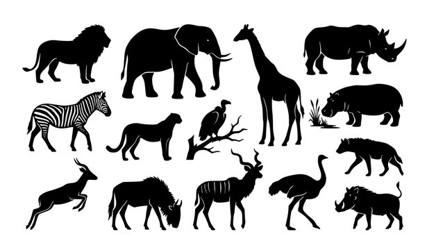 African Wildlife Animal Silhouette Collection with Lion, Elephant, Giraffe, Rhino, Zebra, Cheetah, Deer, Wildebeest, Kudu, Ostrich, and Warthog for Nature Design