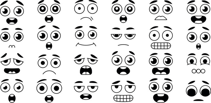 Set of cartoon character facial expressions showing diverse emotions like happiness, sadness, surprise, fear, and boredom for design.