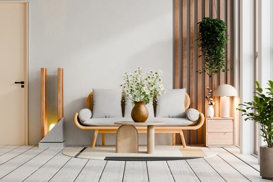 Cozy modern minimalist living room interior design with wooden furniture sofa and houseplants- 3D rendering