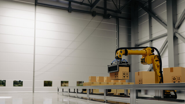 Smart automation robotic arm sorting cardboard boxes on conveyor belt in modern industrial warehouse factory- 3D rendering