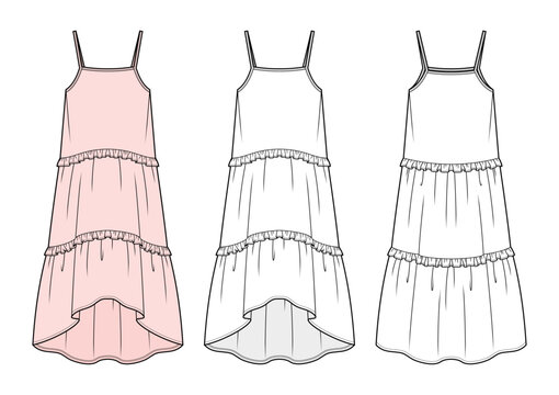 Tiered High-Low Maxi Dress Technical Fashion Illustration. Sleeveless Square-Neck Dress with Ruffle Trim Vector Template. Front and Back View. Women&rsquo;s Summer Apparel. CAD Mockup Set.