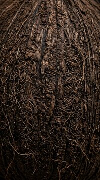 Macro view of brown fibrous coconut shell texture