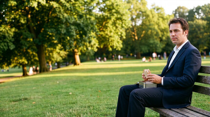 Fototapeta premium Businessman Eating Lunch Alone In Park