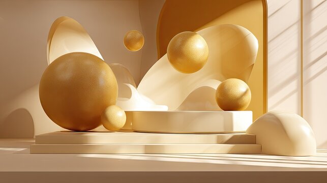 Abstract geometric presentation stage features floating golden spheres in warm sunlight