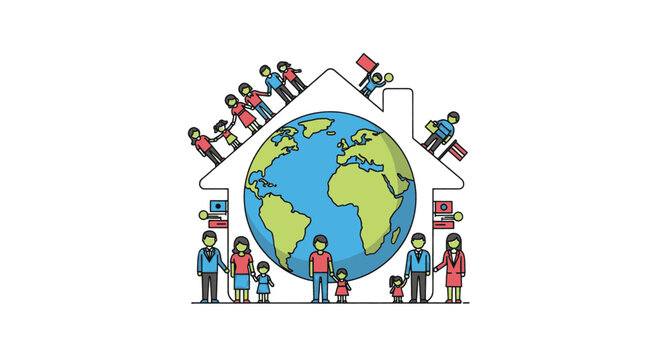 Diverse group of people gathered around a globe inside a house symbolizing global community and interconnectedness.