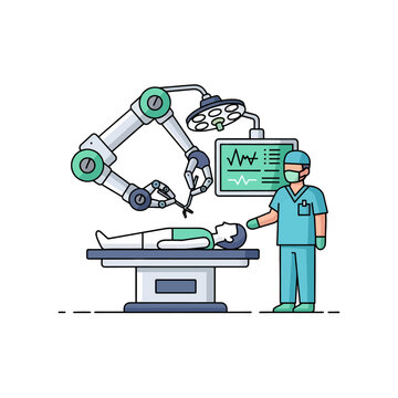 A medical professional oversees a robotic surgical procedure in a modern hospital room