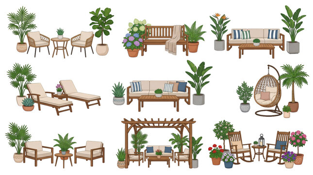 Armchair and interior design chair set top view furniture vector illustration isolated on white background