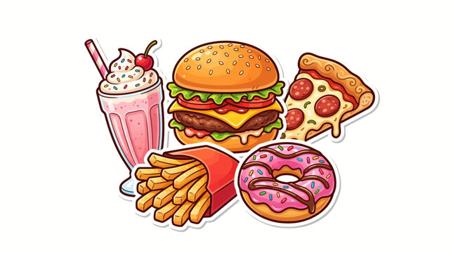 Vector set of fast food icons burger fries pizza milkshake and donut