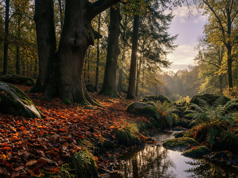 For&ecirc;t automnale ensoleill&eacute;e avec rayons de lumi&egrave;re dor&eacute;e traversant les feuillages color&eacute;s, sol recouvert de feuilles mortes, atmosph&egrave;re chaleureuse et contemplarive en pleine nature