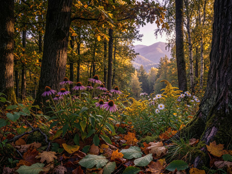 Paysage forestier automnal avec fleurs sauvages violettes au premier plan, arbres aux feuilles rouges et oranges baign&eacute;s d'une lumi&egrave;re chaude dor&eacute;e, atmosph&egrave;re f&eacute;erique et lumi&egrave;re magique