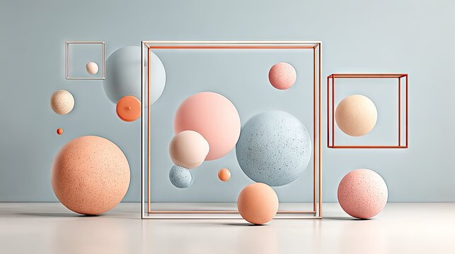 Assortment of softly colored geometric solids interact with transparent and wireframe cubical structures