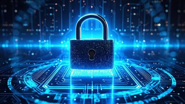 Digital padlock icon on a glowing blue circuit board background