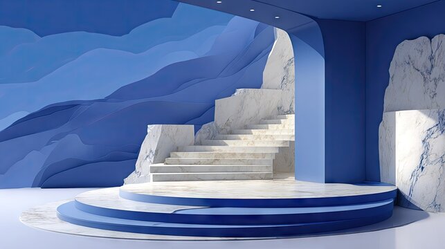 Interior architectural composition featuring layered blue forms and white stone steps presents a dramatic stage