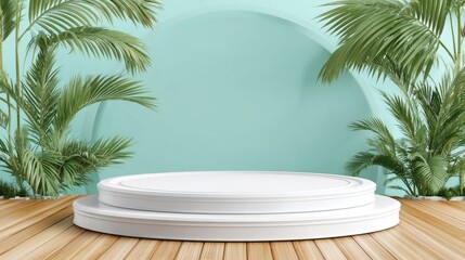 Obraz premium Minimalist white circular platform display is set against a soft aqua backdrop framed by lush tropical foliage