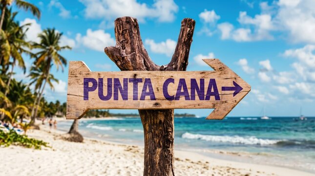 Wooden signpost pointing to punta cana on a tropical beach