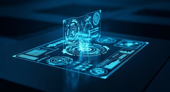 Futuristic holographic interface displays complex data in blue light