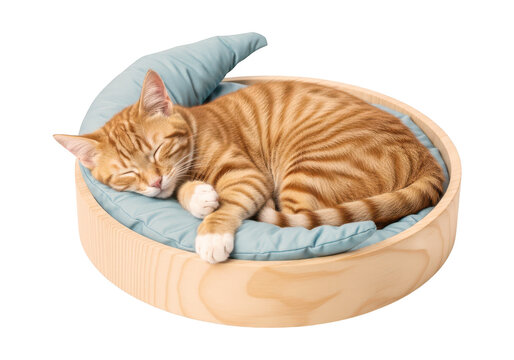 Cute ginger tabby cat sleeping in a cozy wooden pet bed