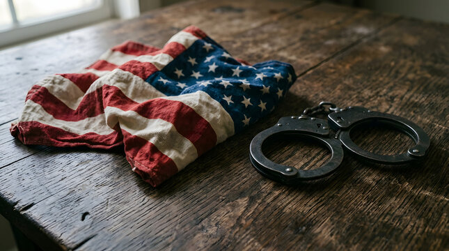 Cuffs and crumpled american flag on wooden table
