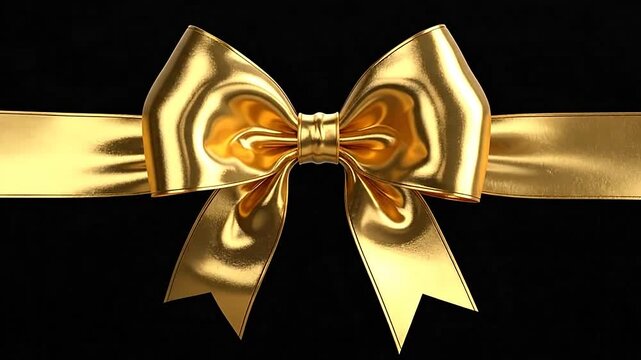 An elegant metallic gold bow with a horizontal ribbon on a black background