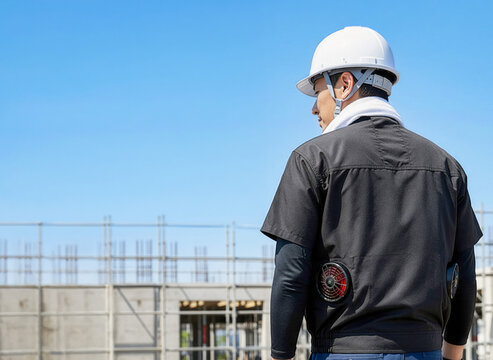 空調服を着て現場作業をする男性１
