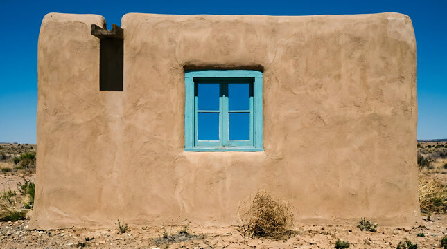 Rustic adobe house exterior featuring a vibrant turquoise window frame under a deep blue sky in a sunny Southwestern desert landscape.