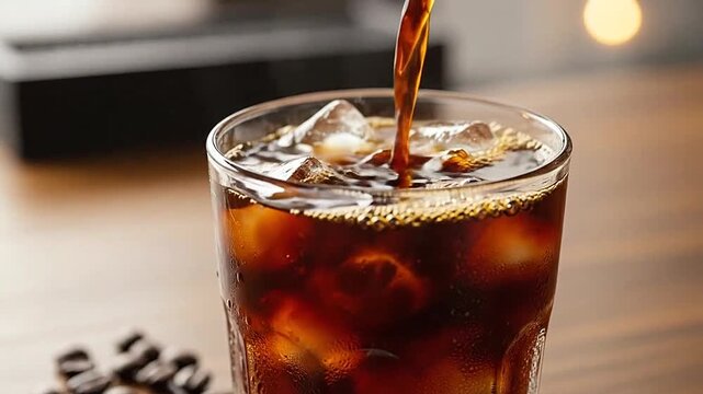 Cold brew coffee is poured over ice cubes in a clear glass