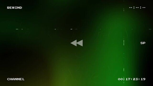 Retro VHS glitch background with green screen effect and rewind symbols featuring analog tape noise with timecode and channel indicators for a vintage video aesthetic