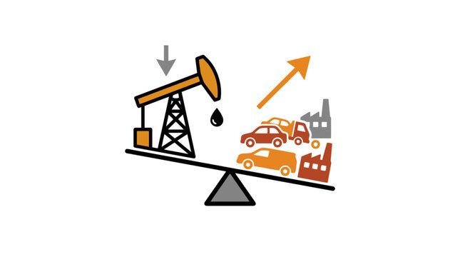 Conceptual illustration of oil production balance with cars and factories on seesaw. EPS Editable. SVG Vector Illustrations.