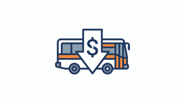 Bus icon with downward arrow and dollar sign representing cheap public transport fares. EPS Editable. SVG Vector Illustrations.