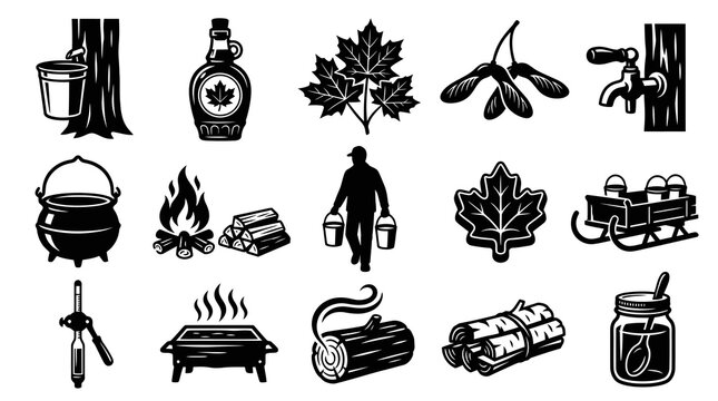 Maple Sap Collection and Production Icons: Black and White Vector Art