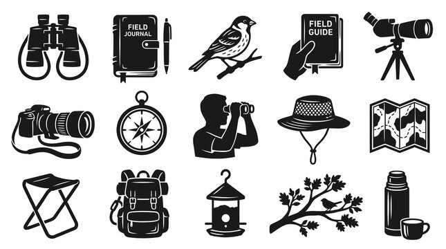 Set of Black and White Icons for Birdwatching and Nature Exploration